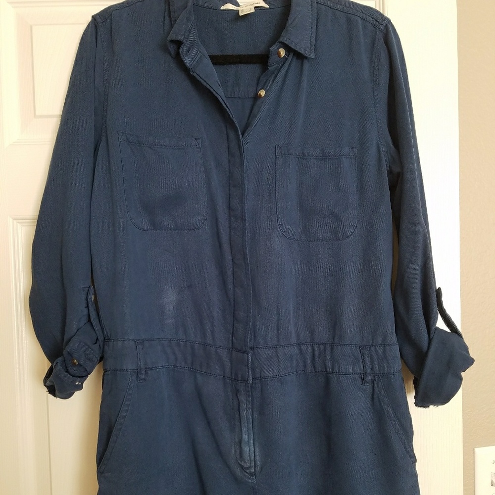 Life in progress  blue utility shorts romper.